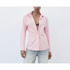 Zara Pink White Striped Collared Slim Fit Poplin Button Down Womens Shirt Size M